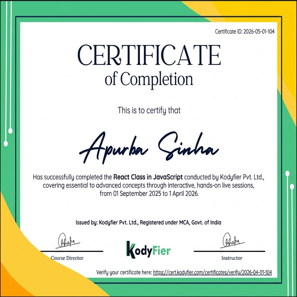 Kodyfier React JS Course Certificate of Completion